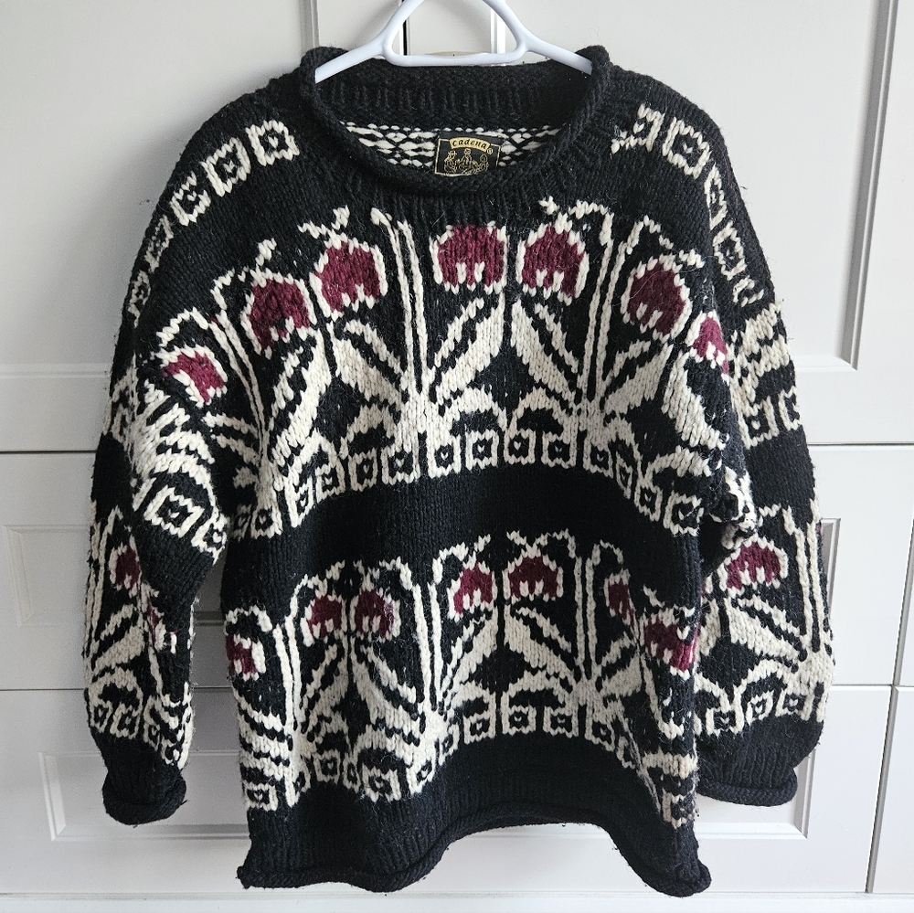 Black and White Floral Wool Sweater